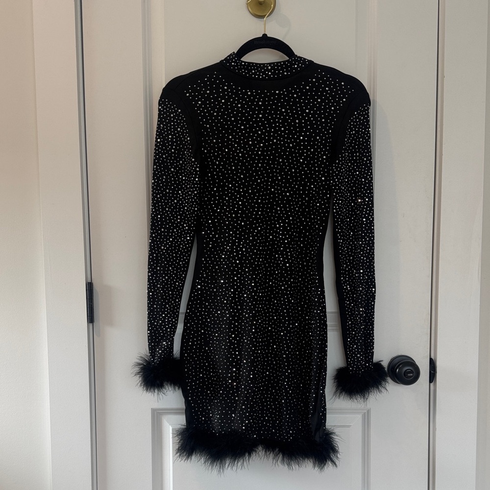 Black Dress with Rhinestones and Feather Trim